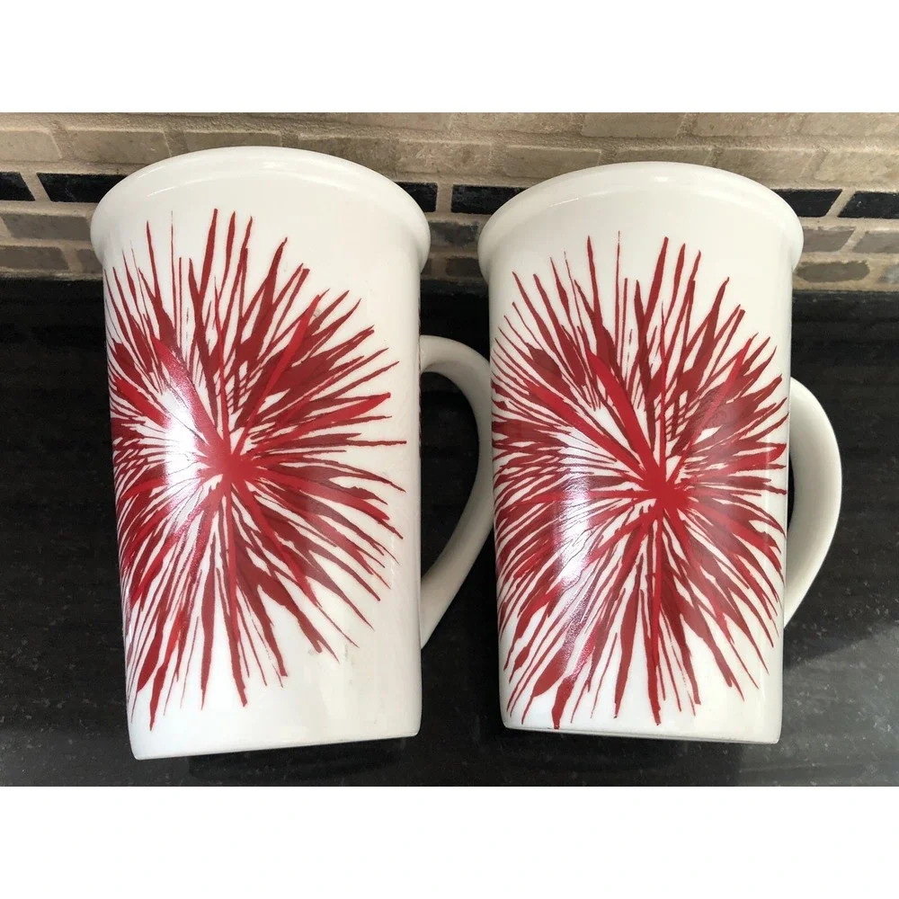 Starbucks Fireworks Coffee‎ Red and White Starburst Coffee Tea Tall Mugs 2014